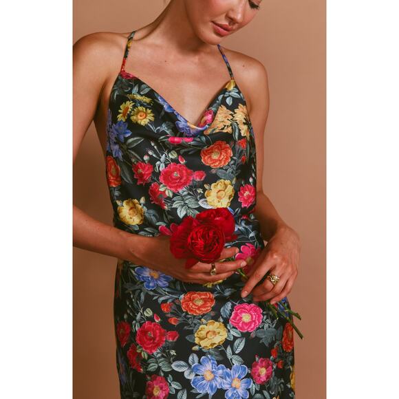 Show Me Your Mumu Hailey Slip Dress in Charm Peony Black Luxe Satin L - Picture 4 of 8